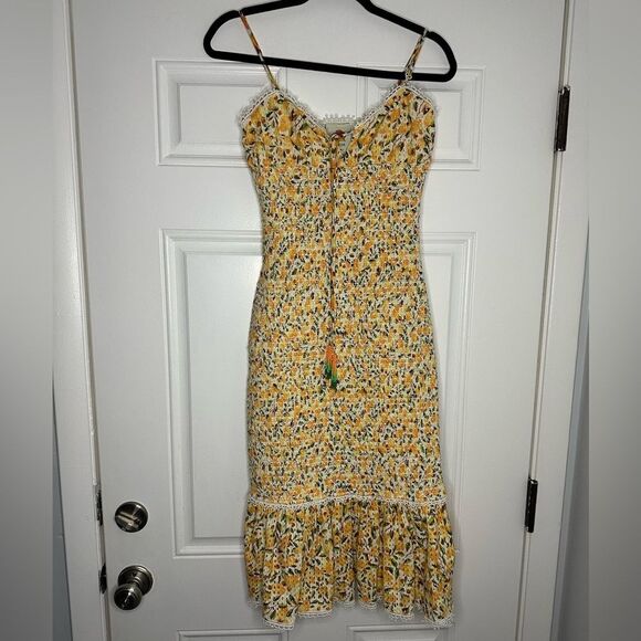 FARM Rio OFF WHITE CASHEW MIDI DRESS floral yellow size XS bodycon - Picture 4 of 9
